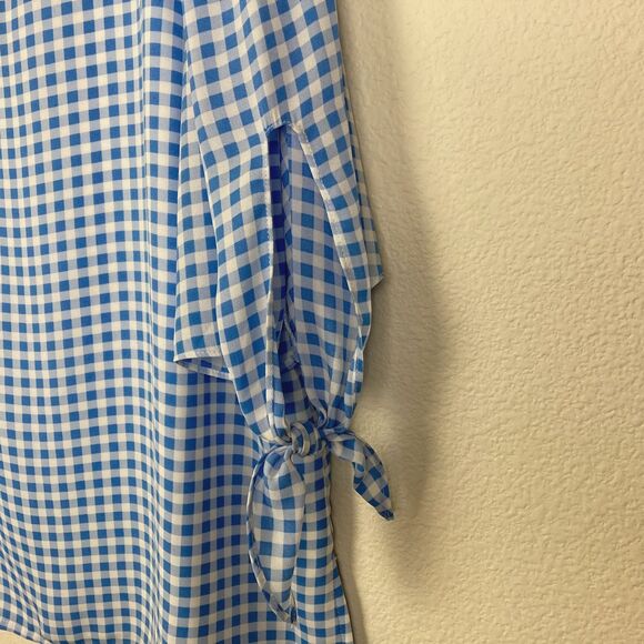 CeCe Women’s Blouse Size XL Blue White Checked Elbow Tie Sleeve Back Keyhole - Picture 2 of 5
